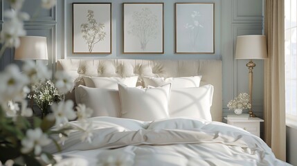 A serene bedroom oasis featuring a plush tufted headboard, crisp white bedding, delicate botanical...