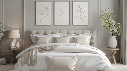 A harmonious bedroom haven boasting a cushioned headboard, crisp white bed linens, and tasteful botanical illustrations, exuding timeless sophistication.