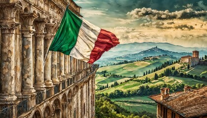 Majestic italian flag over tuscany landscape - obrazy, fototapety, plakaty