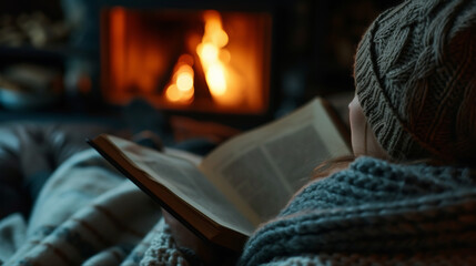 a closeup of a person wrapped in a cozy blanket, sitting by a fireplace and reading a book on a quiet winter evening.