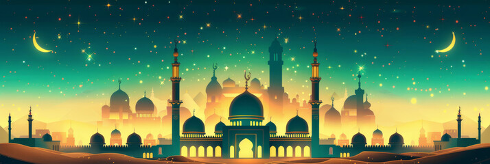 Night scene with mosque. Eid al Fitr concept
