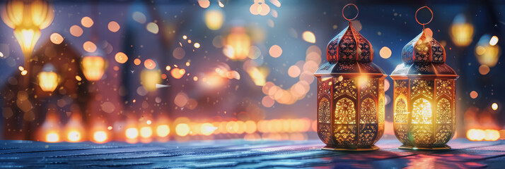 Lanterns on table. Eid al Fitr concept