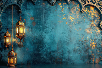 Blue wall with hanging lamps. Eid al Fitr concept