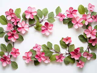 Pink flowers and green leaves form a floral pattern in a flat lay view against a white background