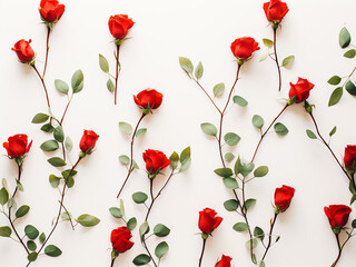 Delicate red rosebuds entwined with eucalyptus branches on white - obrazy, fototapety, plakaty