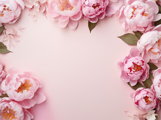 Fresh peony branches create a flower frame on a pastel fashion backdrop