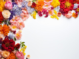 Colorful flowers forming an elegant frame on a white surface