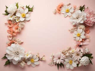 Fototapeta premium Colorful flowers arranged to form a frame offer space for text in a flat lay composition