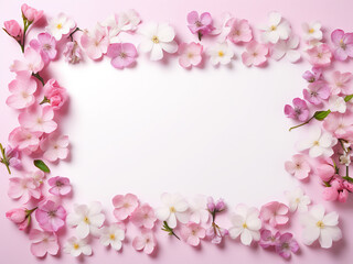 Fototapeta na wymiar Colorful flowers arranged in a frame offer text space in a flat lay setup on a white background