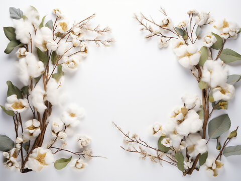 Colorful flowers arranged in a frame shape rest on a flat lay white background