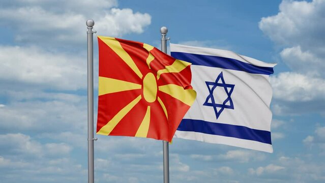 Israel and Macedonia two flags waving together, looped video, two country relations concept