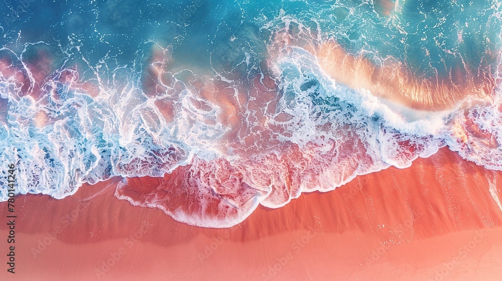 Wall mural Aerial view of sandy beach and ocean with waves. Summer vacation and Travel background with copy space. - Wall murals