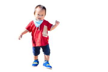 Portrait of an Asian child boy smiling and dancing Jumping happily, in summer or spring time, on isolated background, Happy 1 year old toddler.