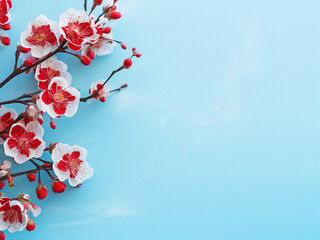 Red flowers arranged beautifully on a pastel blue background