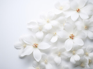 Fototapeta premium White flowers adorn a white background, providing ample copy space