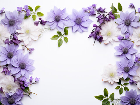 Purple flowers intertwined with eucalyptus leaves on a white backdrop