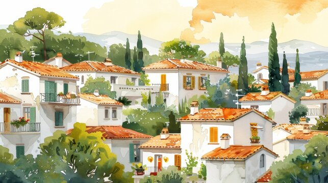This picturesque image captures the essence of a serene Tuscan village with its quaint houses and lush greenery