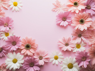 Flat lay composition features flowers on a pink and white background