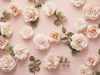 Beige roses and eucalyptus branches form a floral texture on pale pink