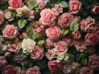 Floral arrangement of pink roses against a green clover wall backdrop