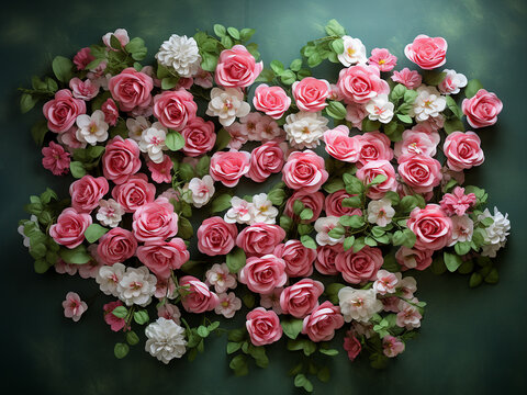 Pink roses arranged beautifully on a backdrop of green clover wall