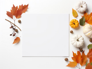 A rustic frame adorned with pumpkins, berries, and leaves on a pastel background