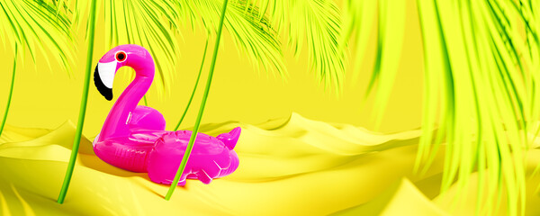 Summer background. Pink flamingo inflatable rubber on fluorescent yellow water background. Trendy seasonal concept design. 3D Rendering, 3D Illustration - 780141658