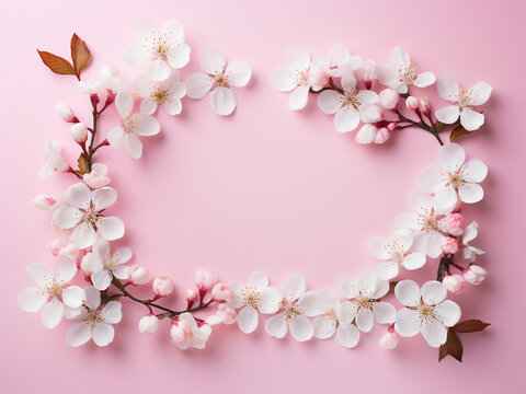 White spring flowers form a frame against a pink backdrop