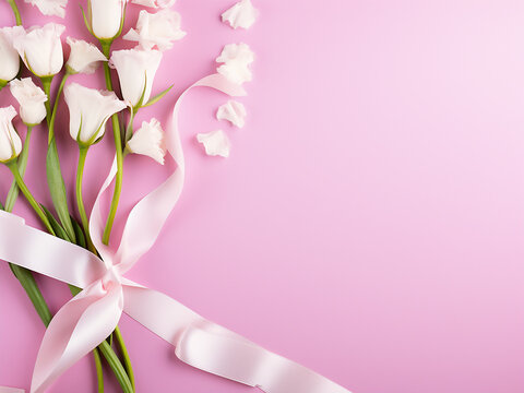 White lisianthus and pink ribbon create a flat lay frame on pink