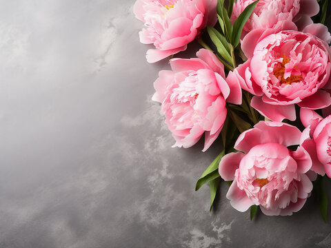 Top view displays pink peony flowers blooming on grey concrete