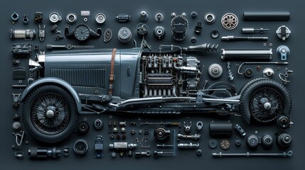 Vintage car and parts displayed on dark background