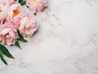 Peony blossoms delicately frame a white marble background