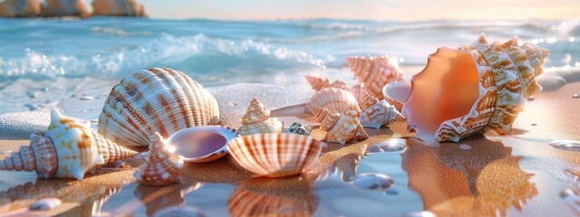 
Shimmering Seashells on Golden Beach at Sunset
