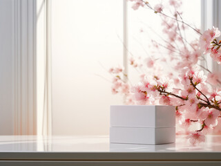 Lush pink sakura flowers adorn a geometric white interior setting