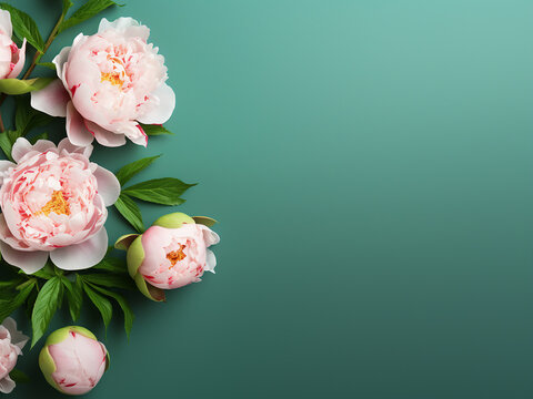 Fresh peonies grace a green table, inviting your text to join
