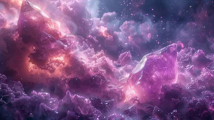 Poster Mystical large crystals hover over an uneven terrain bathed in soft purple hues and mist © Yusif