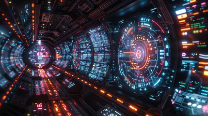 Futuristic sci-fi tunnel with neon lights