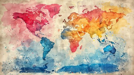 Colorful watercolor world map painting