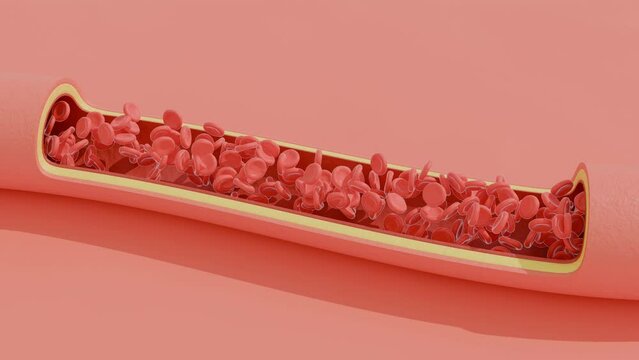 
This is a 3D illustration animation showing a cross section of an artery with red blood cells flowing inside the blood vessel. A simple medical concept.