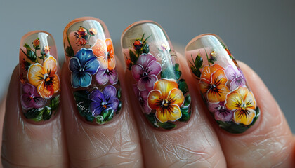 nail art of 3colors pansy flowers,natural garden,generative ai