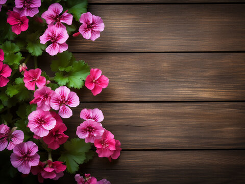 Top view of geranium blooms enhancing a wooden background with space for text
