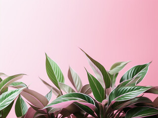 Fototapeta na wymiar Vibrant pink backdrop highlights lush green plants in banner