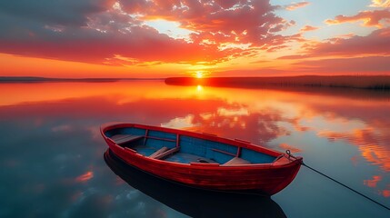 Serene Lake Sunset Reflection./n - obrazy, fototapety, plakaty