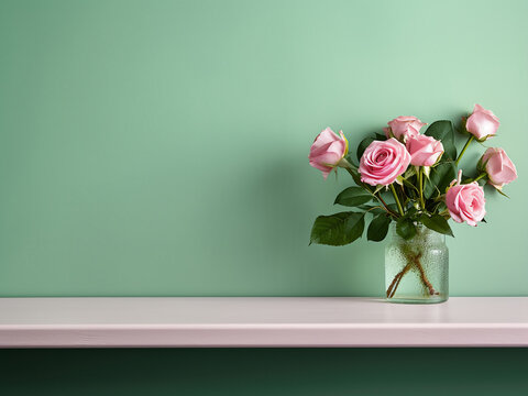 Still life concept features green wall, pink rose on white shelf