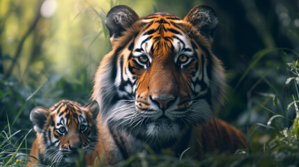 Fototapeta premium Portrait of a Tiger with her cub