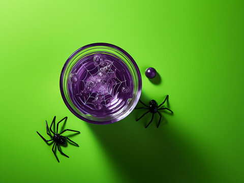 Halloween glass with green drink, spider straw, and pumpkins