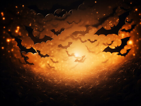 Dark orange Halloween background with flying bats and magical lights