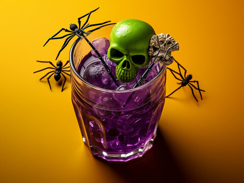 Glass with Halloween-themed green drink on isolated purple backdrop