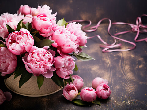 Peony flowers and picture frames adorn the happy birthday greeting card