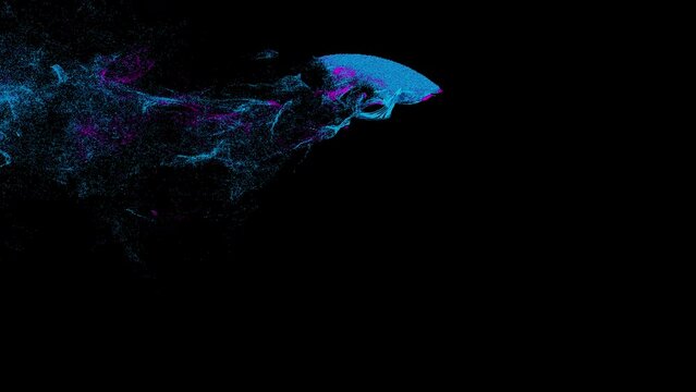 Abstract particles in different shapes being blown away to reveal or uncover underneath or could be played in reverse to hide something. Apple prores 4444 with transparency.